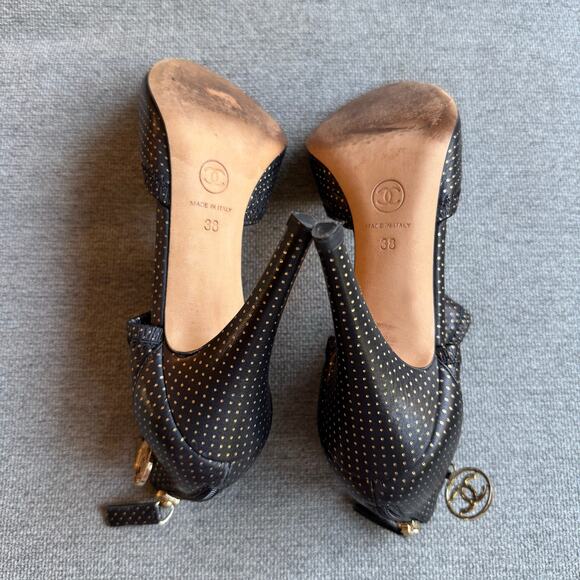 Chanel Black Leather Metallic Polka Dot Peep Toe Sandals Leather Sz 38 US 7.5/8 - Picture 12 of 16